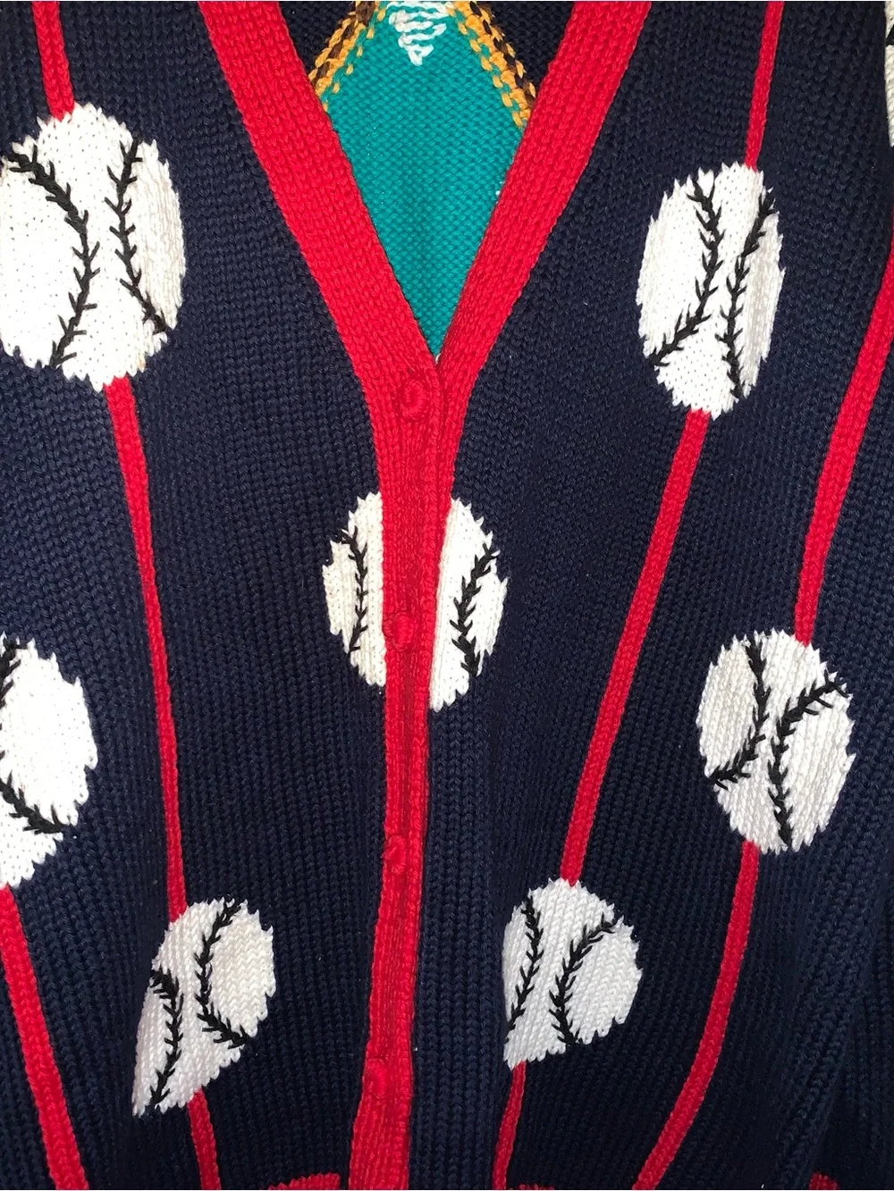 Vintage hand knit cardigan ugly sweater funky teacher baseball
